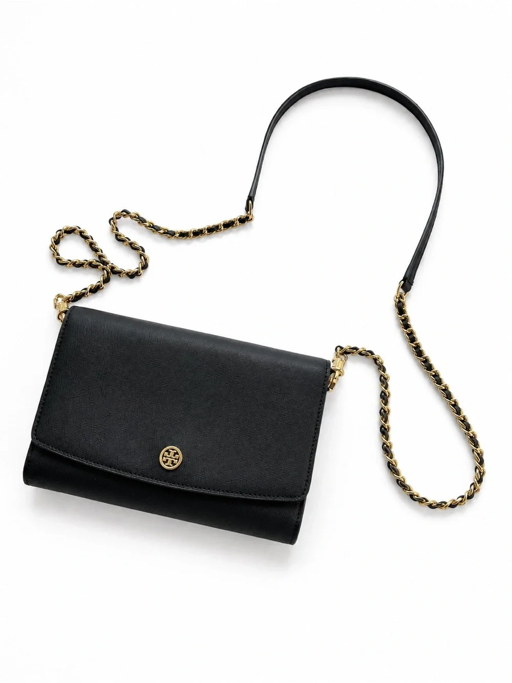 Tory Burch Black Leather Chain Strap Crossbody with Gold Logo